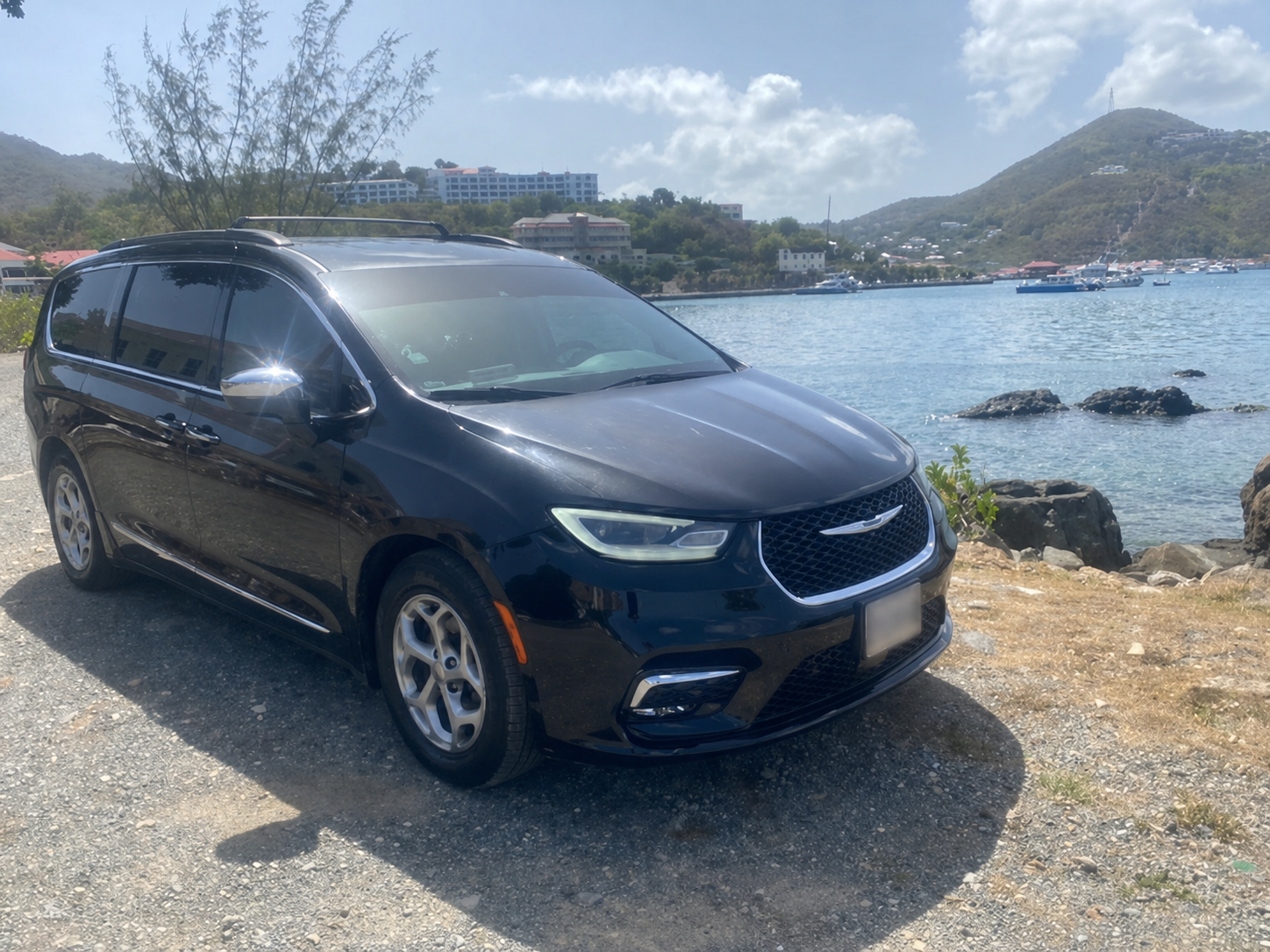 Black Boyce Express Taxi Chrysler Pacifica by the St. Thomas waterfront